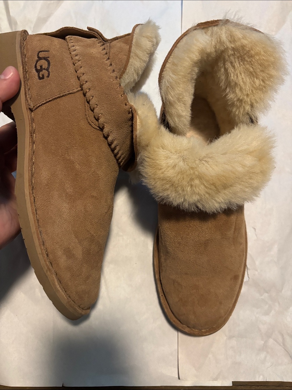 UGG Chestnut Suede Shearling Cuff Slip-On Slippers
